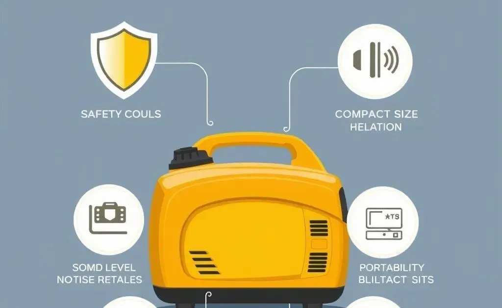 Animated checklist showing essential features of a generator like safety, noise level, and portability.