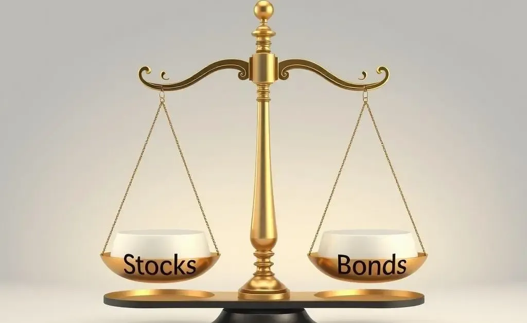 A balance scale with weights labeled stocks and bonds.