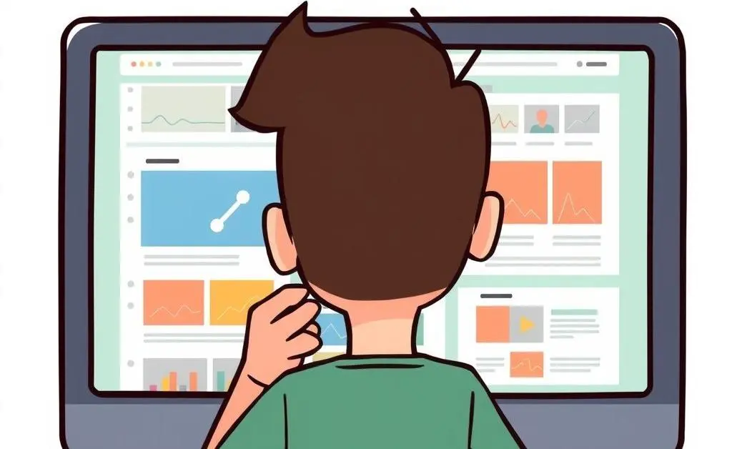 A cartoon-style image of a person pondering over a computer screen displaying various portfolio layouts.
