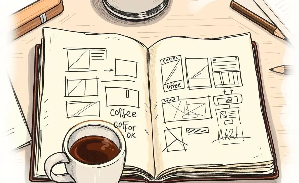 Sketches of portfolio design ideas next to a cup of coffee.