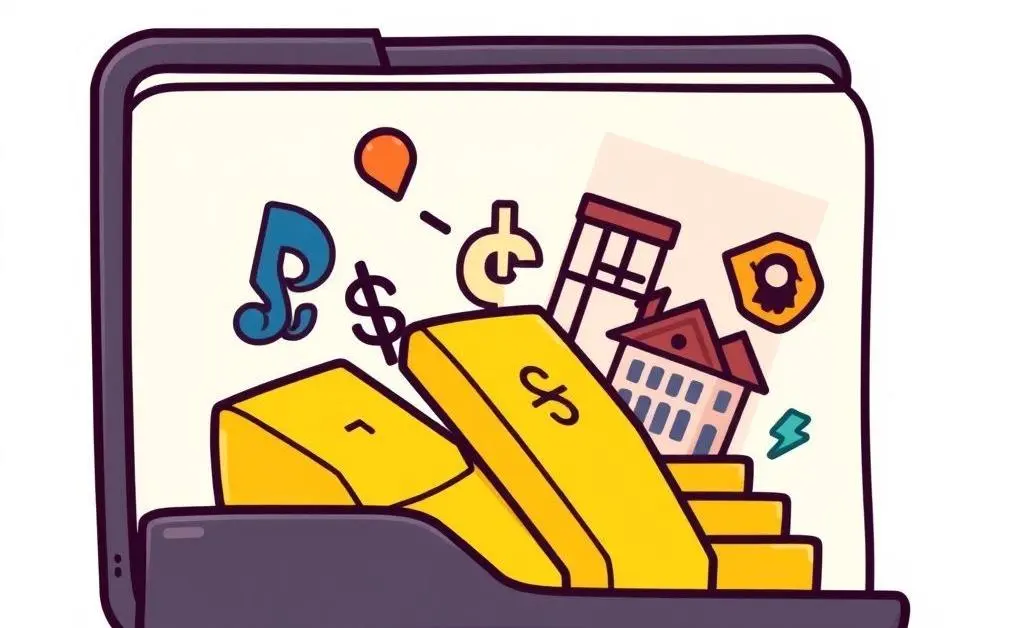 Cartoon illustration of a portfolio file with gold bars, stocks, and real estate icons.