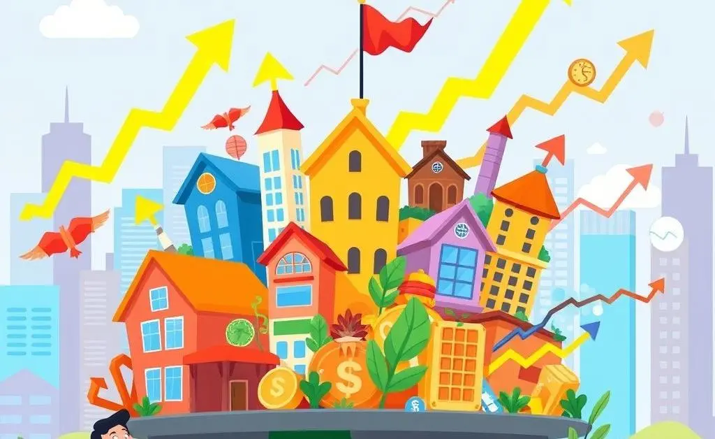 A cartoon showing a diverse investment portfolio with various assets.