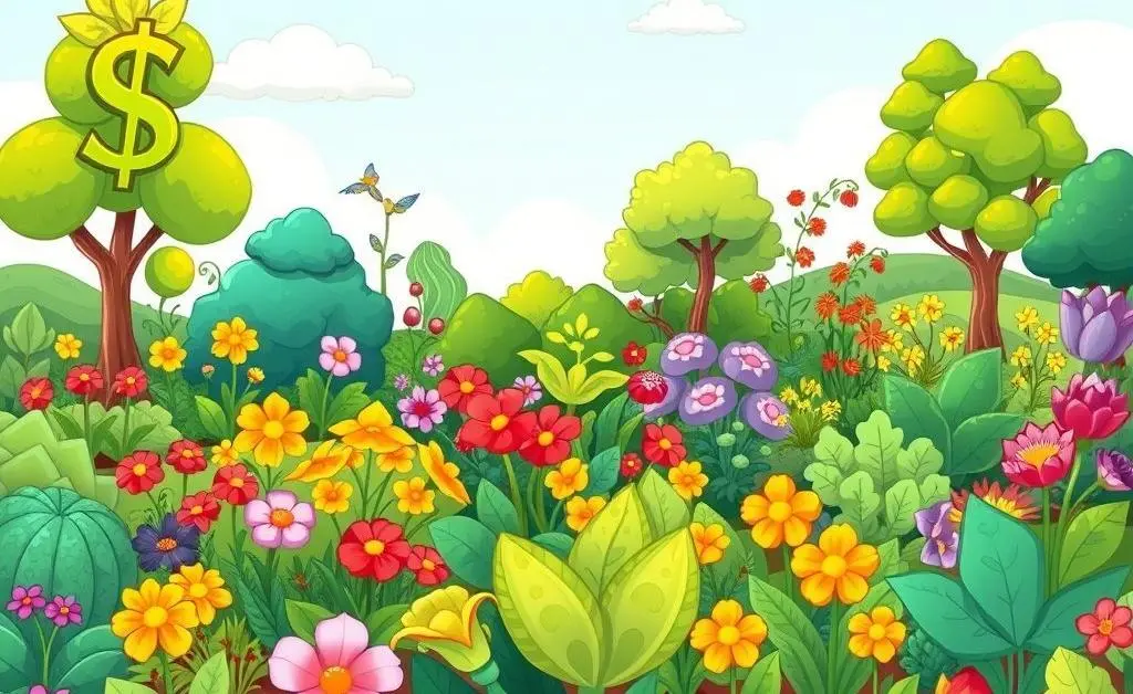 Cartoon-style image of a garden with different types of plants, symbolizing diverse investments.