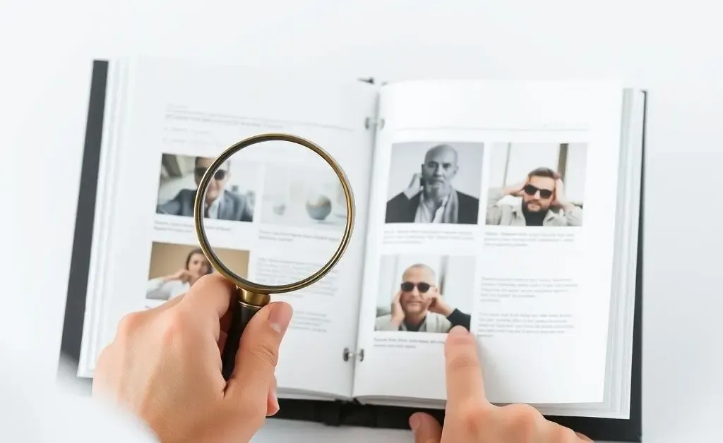 Clean and minimalist style of a person reviewing a portfolio with a magnifying glass and taking notes.