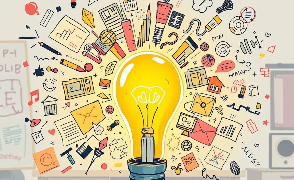 An image of a lightbulb surrounded by creative ideas and notes, symbolizing a brainstorm session