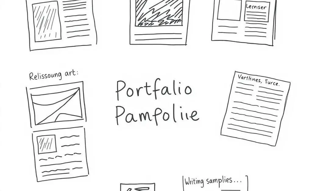 Hand-drawn aesthetic of different types of portfolio examples, including art, design, and writing samples.