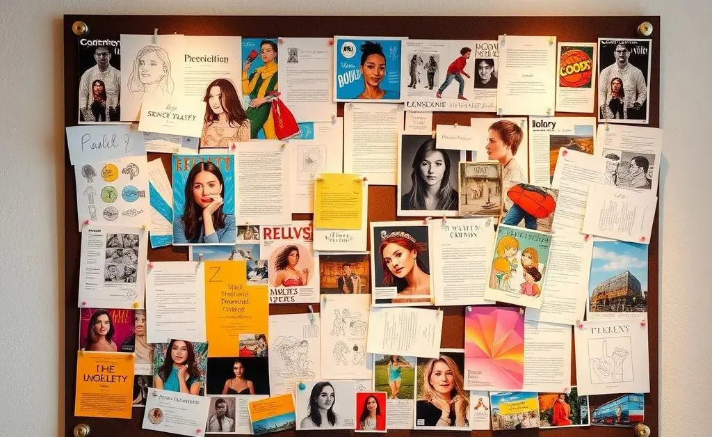 An inspiration board filled with colorful sketches and clippings posted on a wall.