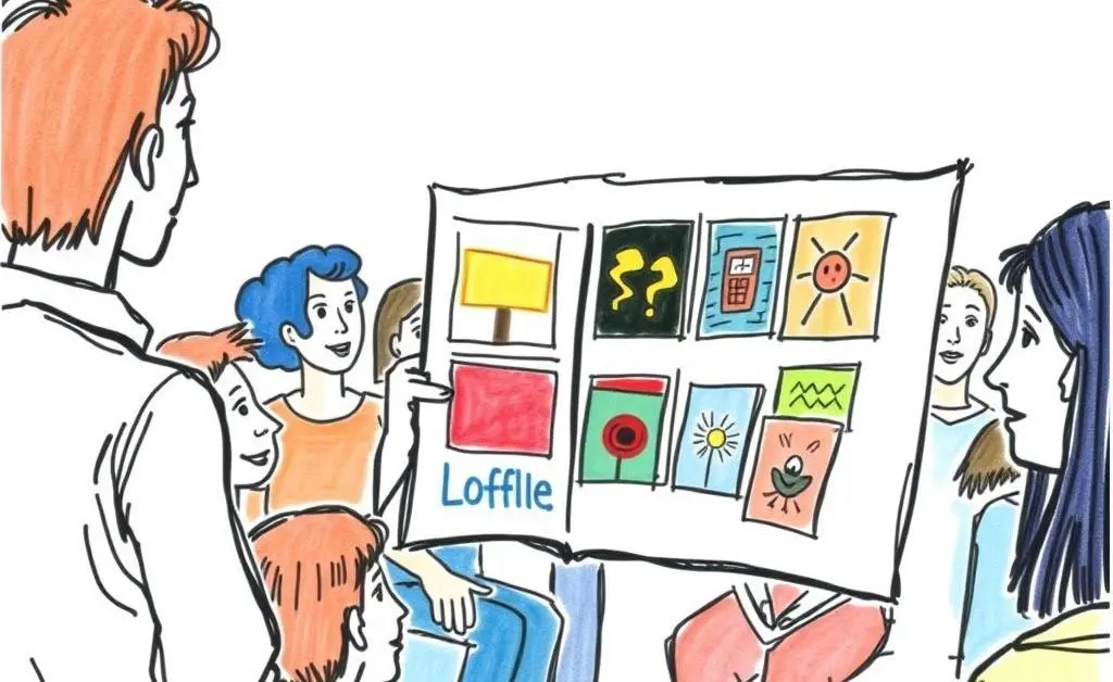 Illustration of a person presenting a colorful portfolio to a curious audience.