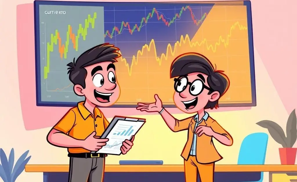 A cartoon-style image depicting two people having a discussion about reviewing a stock portfolio