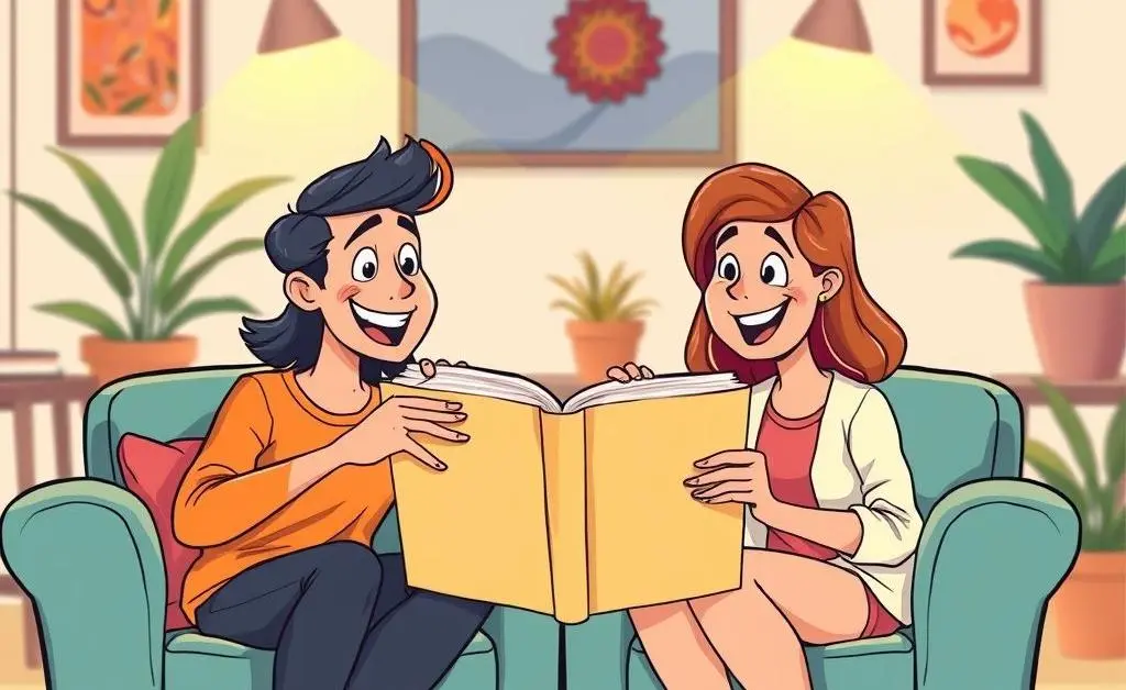 A cartoon-style image of two people sitting with a portfolio between them, warmly discussing its content