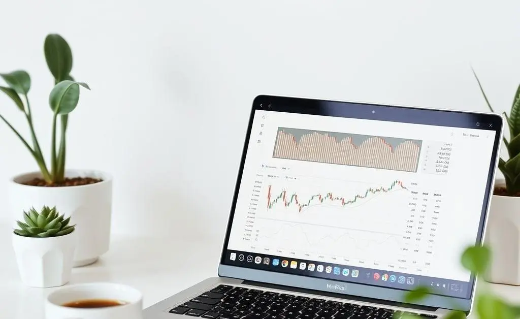 A clean, minimalist workspace with a laptop and financial charts open, surrounded by plants and a coffee cup.