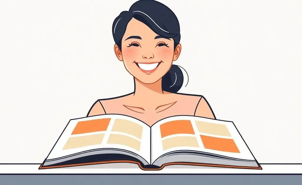 A minimalist image illustrating a person smiling, with the portfolio open on a stretch table during a showcase event.