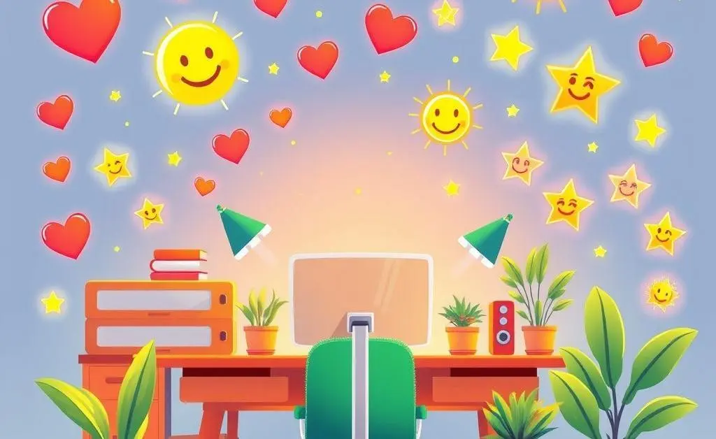 Workspace filled with positive energy symbols