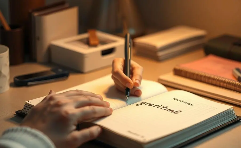 A hand writing in a gratitude journal on a tidy desk with gentle lighting
