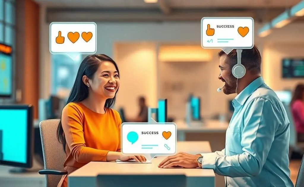 Visual of a feedback loop between a service agent and a happy customer.