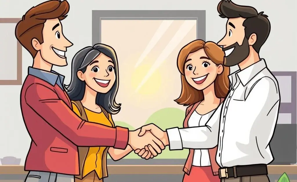 Two people shaking hands in an office, emitting a positive vibe.