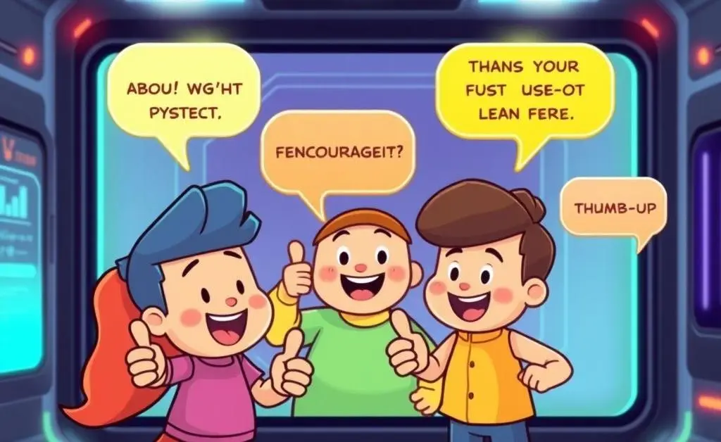 Cartoon characters exchanging thumbs up and supportive messages