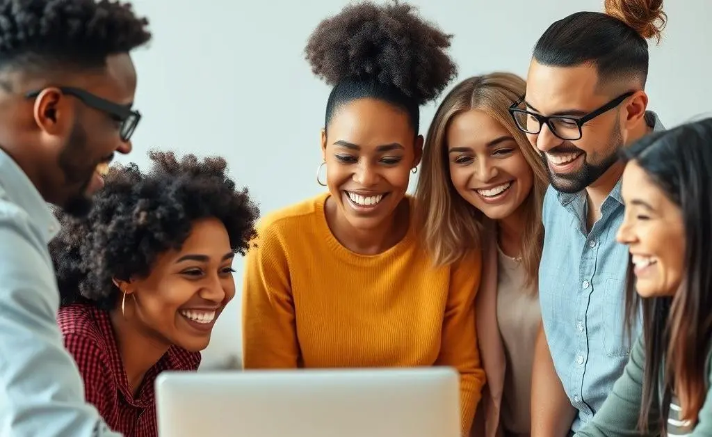 A group of diverse people happily discussing around a computer, indicating positive engagement.