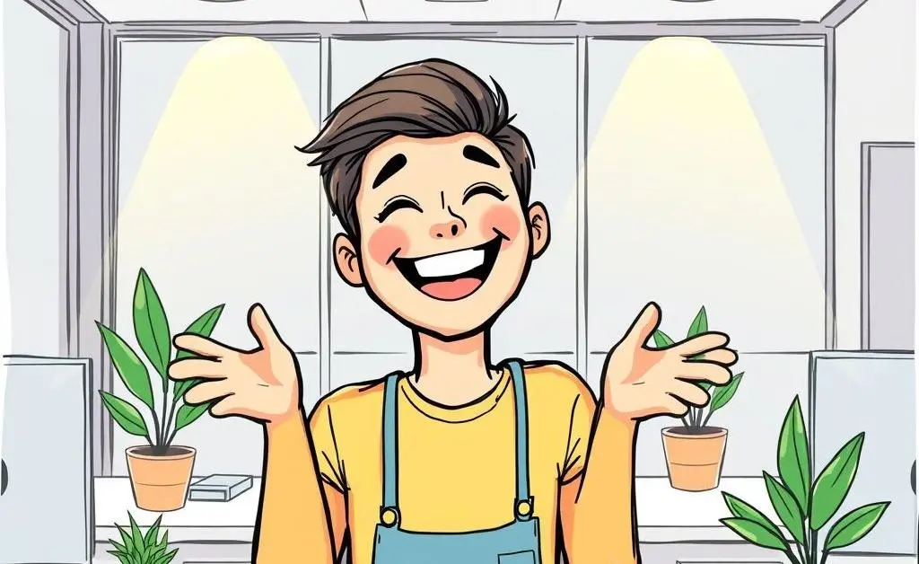 A hand-drawn person looking delighted while receiving positive feedback in an office setting