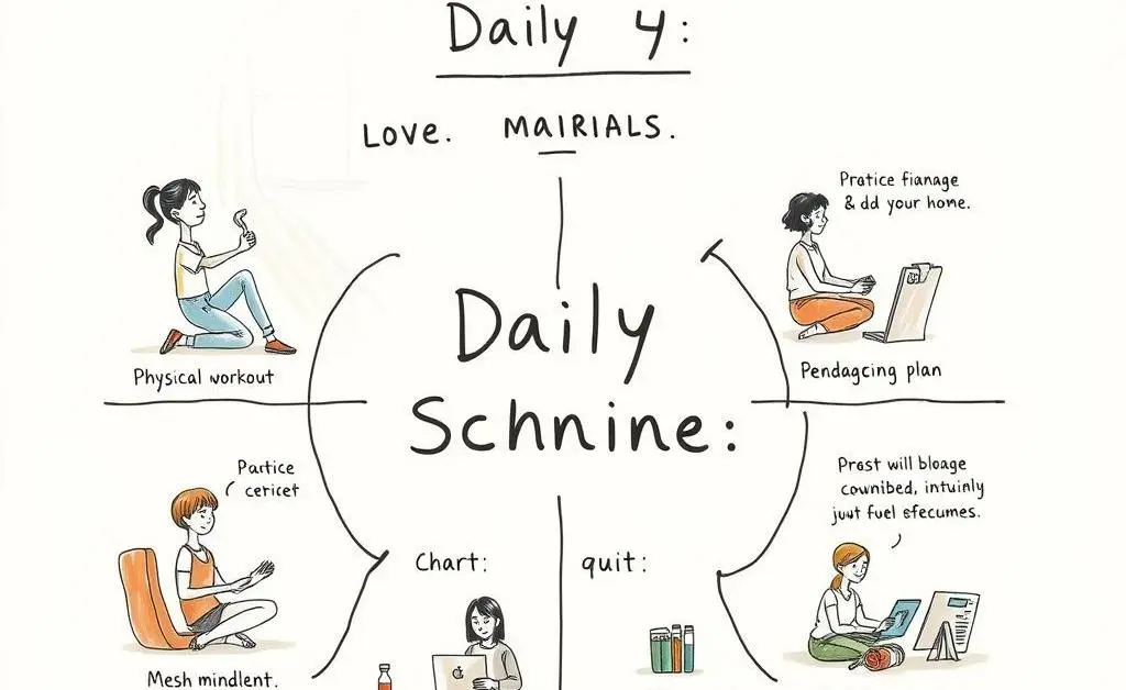 A chart showing a daily routine with exercise, meditation, and budgeting.