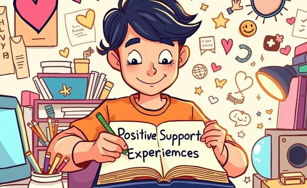 Cartoon image of a person writing in a journal titled 'Positive Support Experiences' with doodles around it.