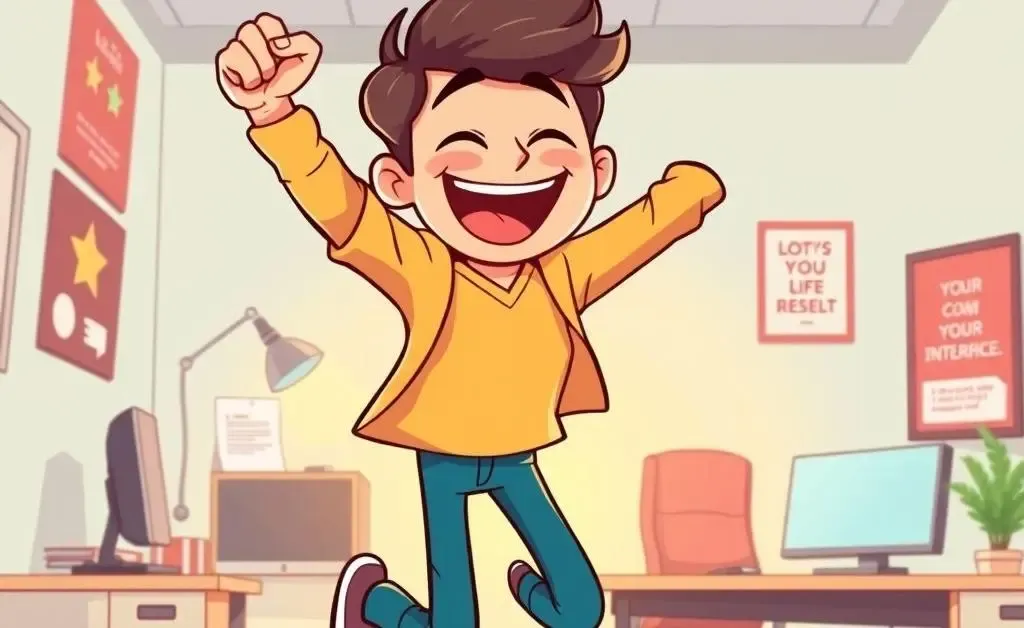 A person celebrating after a successful interview, perhaps with a jump or fist pump.