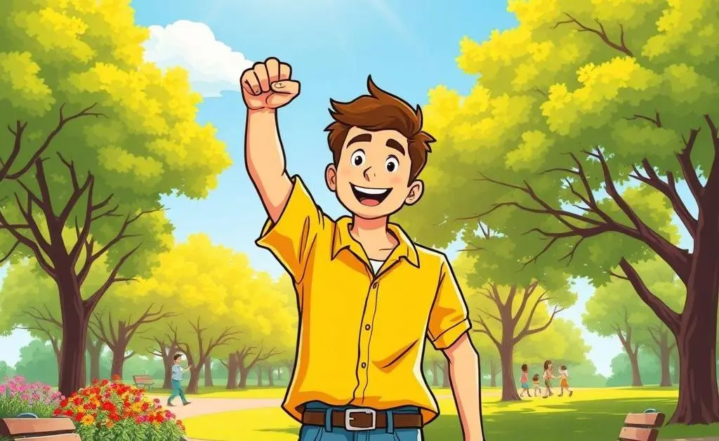 A person celebrating in a park after a successful interview