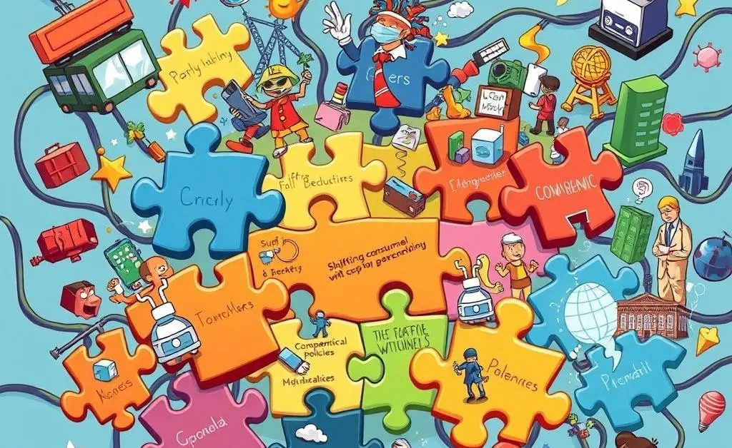 A cartoon-style puzzle representing the complex interlock of different post-pandemic market factors.