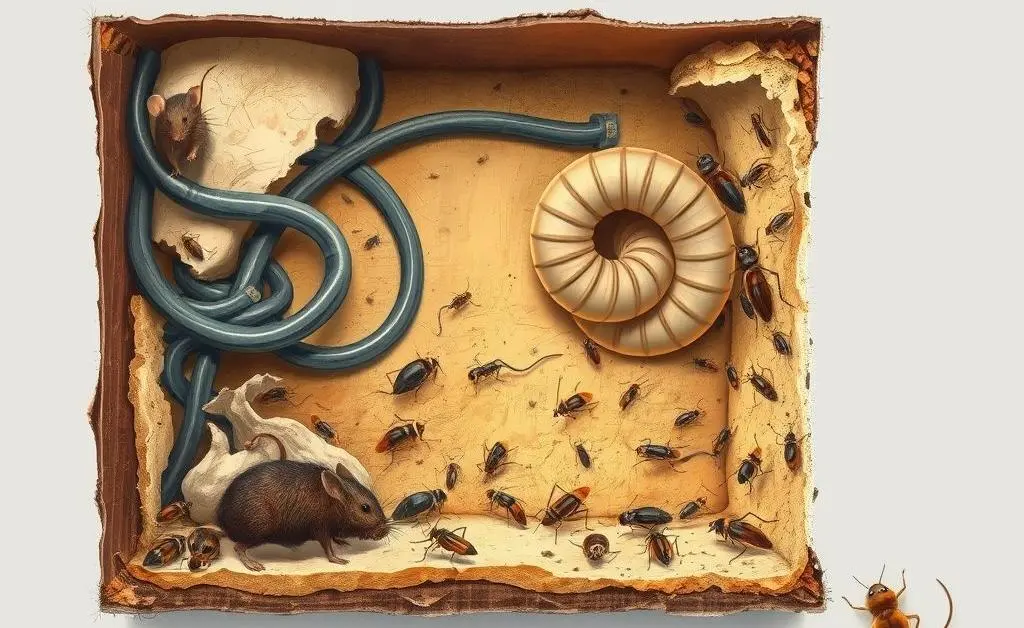 Illustration of potential noise culprits like mice, water pipes, and insects inside a wall cutaway.