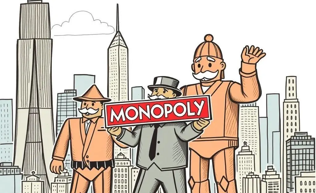 A hand-drawn style image of monopolies represented as giants in a cityscape