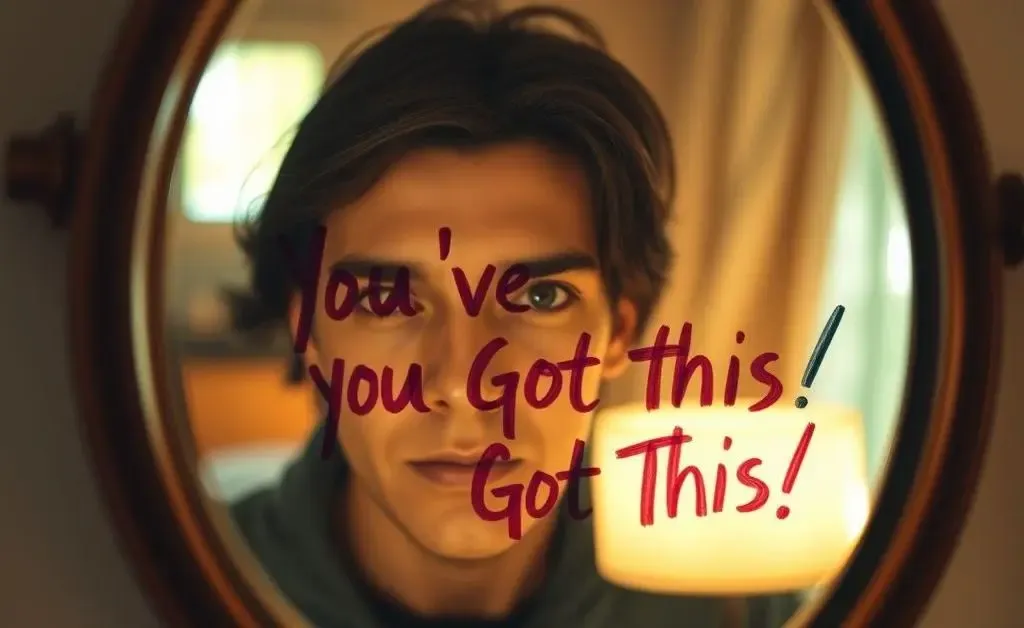 A mirror showing a handwritten note saying 'You've Got This!' with a determined expression reflected.