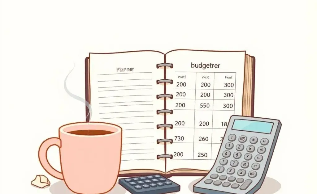 A cartoon of a budget planner surrounded by coffee mug, calculator, and bills.