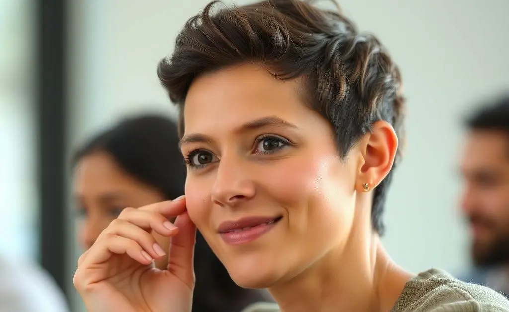 A person practicing empathy by listening intently to another, with thought bubbles indicating understanding.