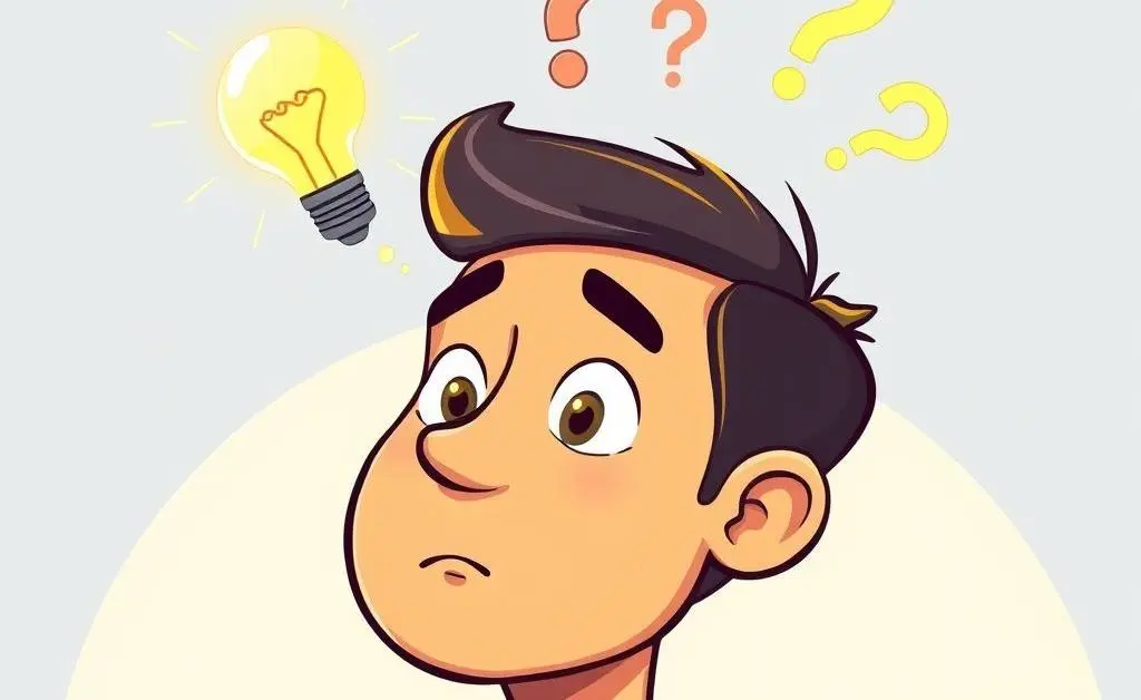 A clean cartoon drawing of a person thinking with lightbulbs and question marks above their head.