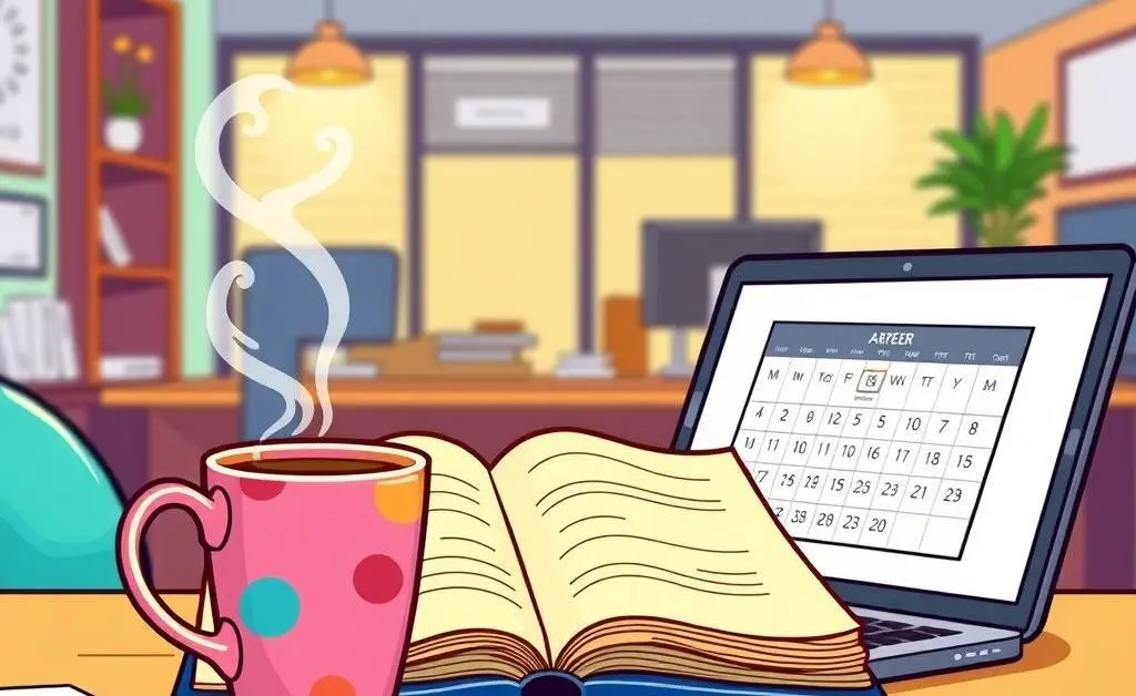 Desk with a planner, coffee, and laptop, symbolizing making a career plan.