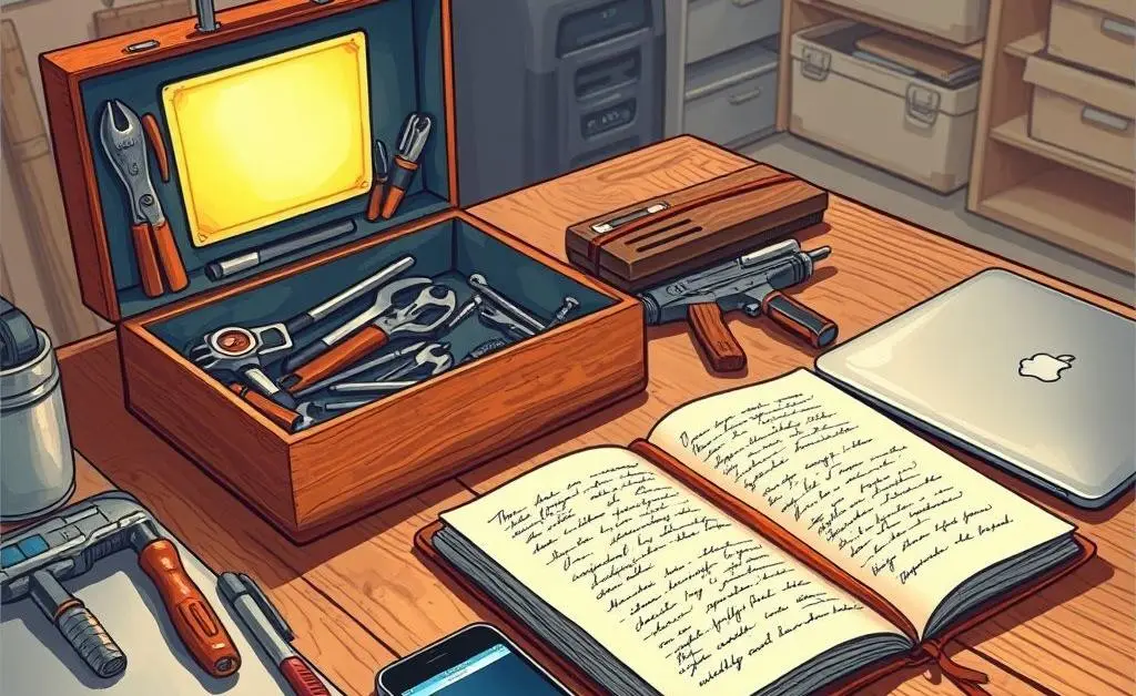Practical tools for career development like a toolbox, laptop, and notebook on a desk