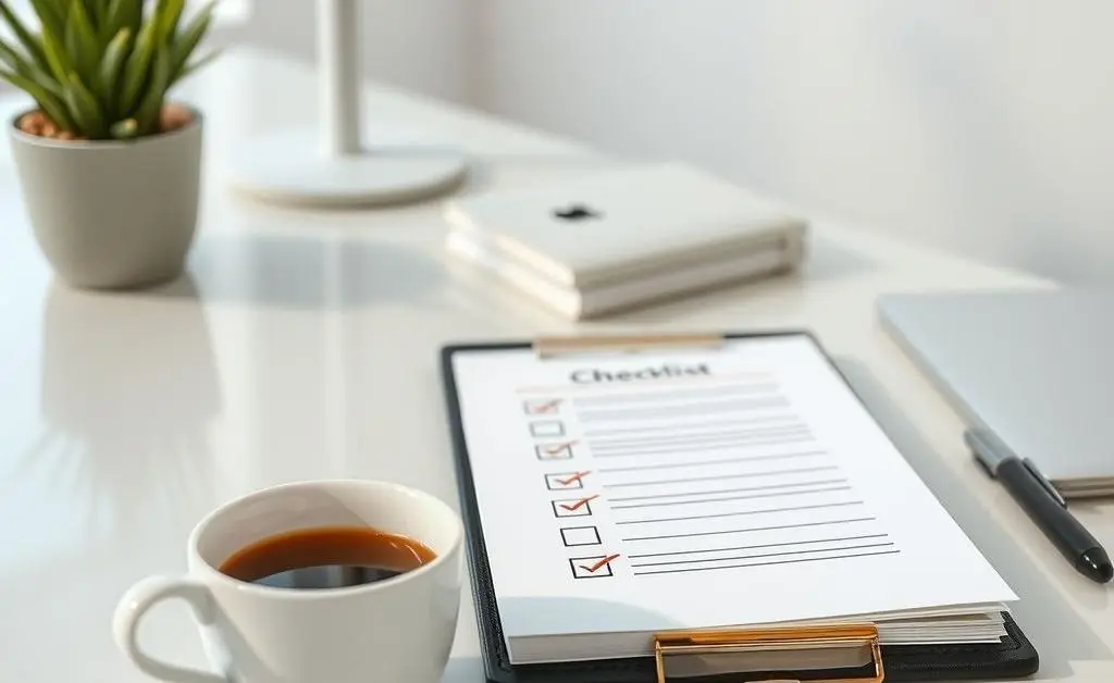 A calming office setting with a checklist on a desktop and a cup of coffee beside it.