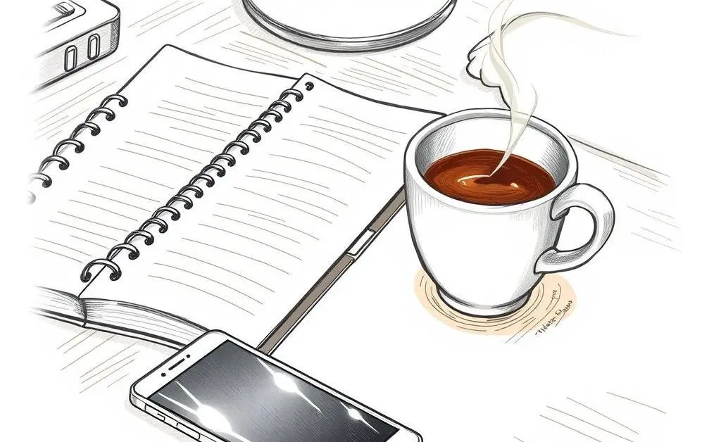 Desk with practical skills symbols like planner, smartphone, and coffee.