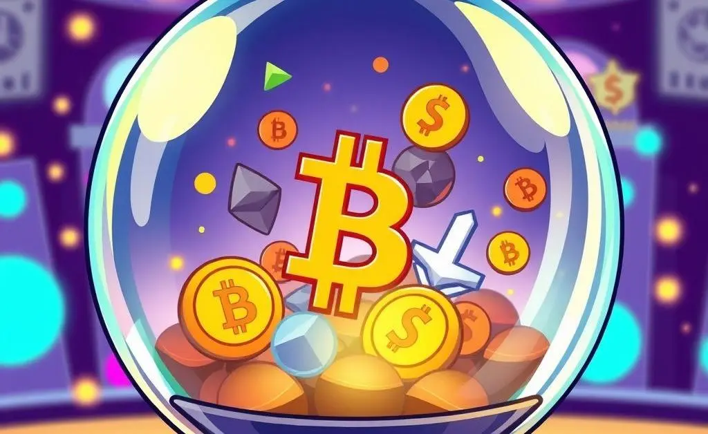 A cartoon-style crystal ball with different cryptocurrencies inside, symbolizing prediction.