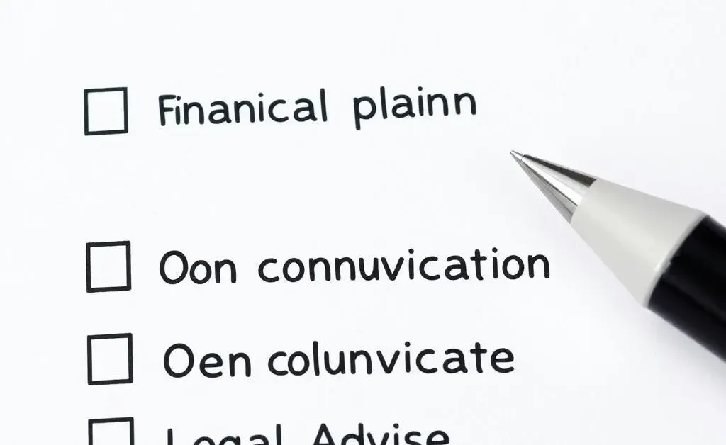 Checklist with items like 'Financial Planning', 'Open Communication', and 'Legal Advice' ticked off