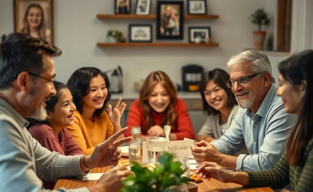 Family discussing finances over a table