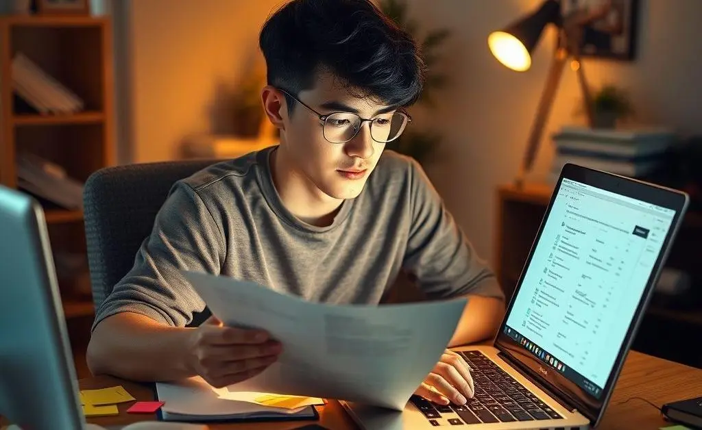 A person preparing for an interview at home, surrounded by notes and a laptop.