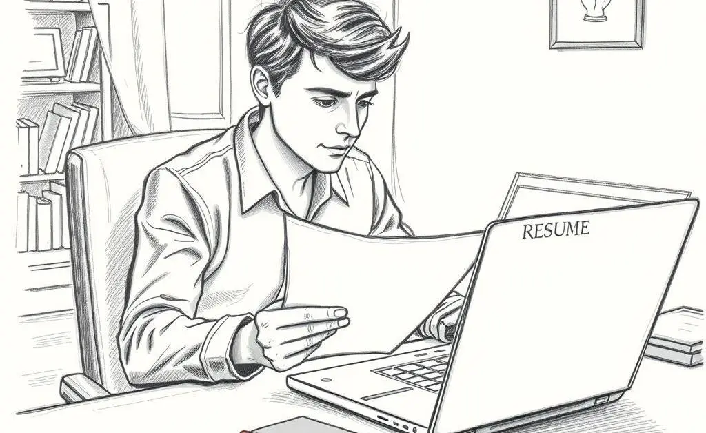 Person preparing for an interview with a resume and laptop on a desk