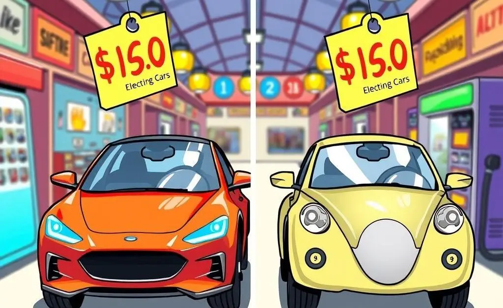A visual comparison of price tags between electric and traditional vehicles, designed in a cartoon style.