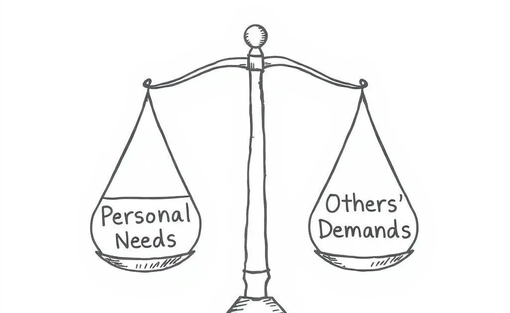 A hand-drawn scale balancing two sides labeled 'Personal Needs' and 'Others' Demands'.