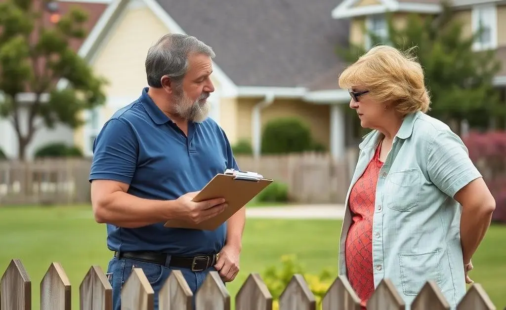 Two neighbors, one with a clipboard, discussing calmly over a fence.