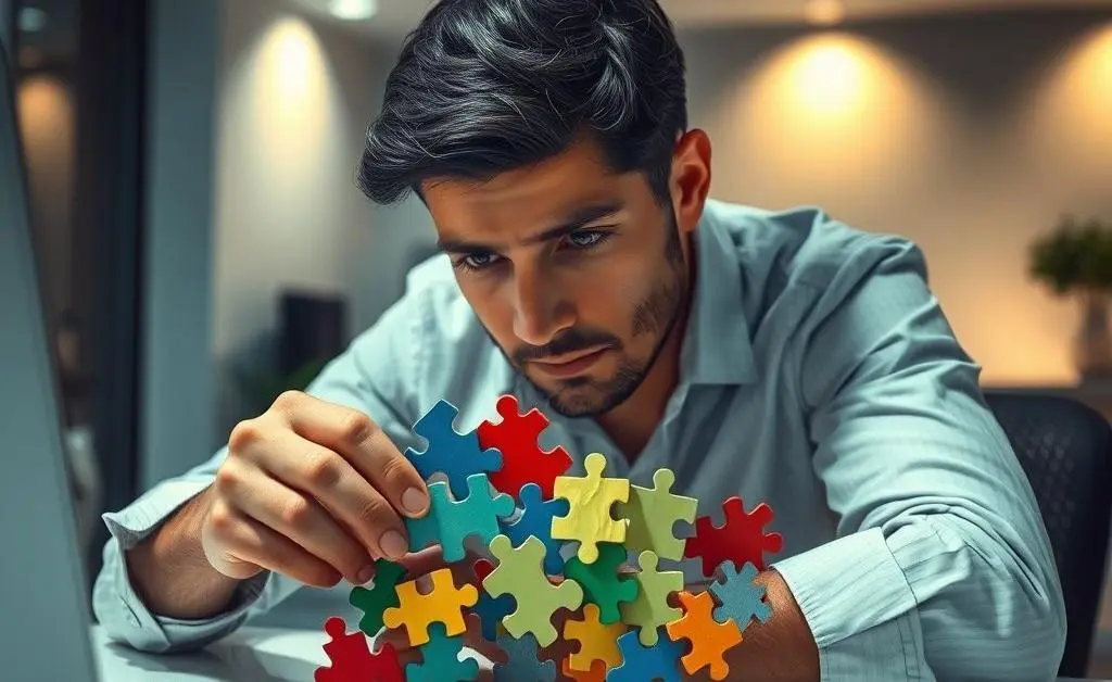A person solving a complex puzzle, representing problem-solving in claims.