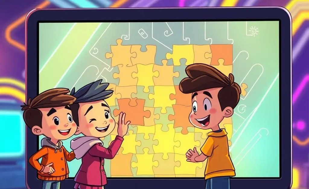 Cartoon characters collaboratively solving a puzzle on a screen.