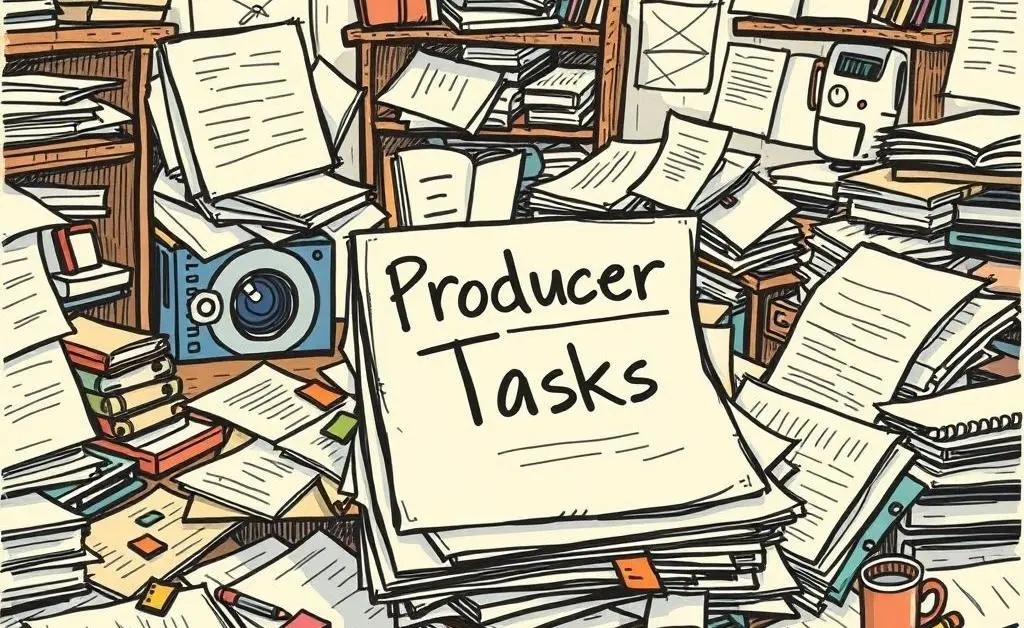 Illustration of a desk with producer tasks