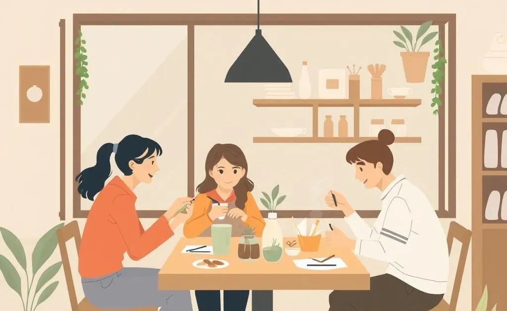People in a coffee shop in a DIY craft workshop